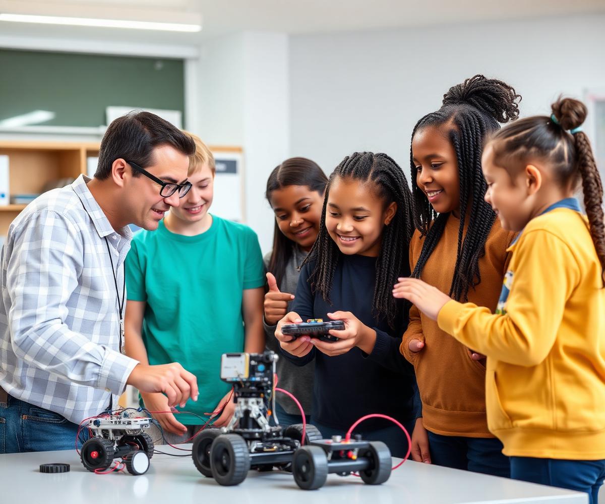 Teacher guiding students during a STEAM robotics activity